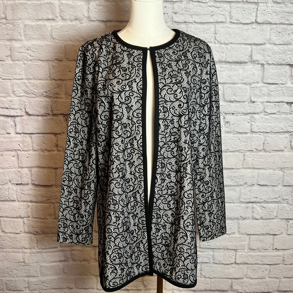 Preston & York Women's M Black White Lace Open Front Jacket Chiccore Classic